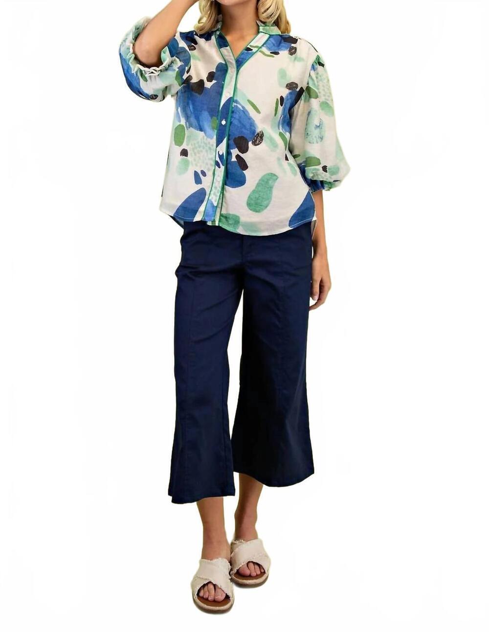 NEW GIGIO printed blouse with gathered balloon sleeves in blue